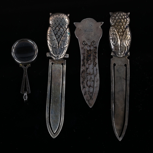 510 - 3 Danish novelty silver owl bookmarks, and a miniature silver magnifying glass pendant, largest over... 