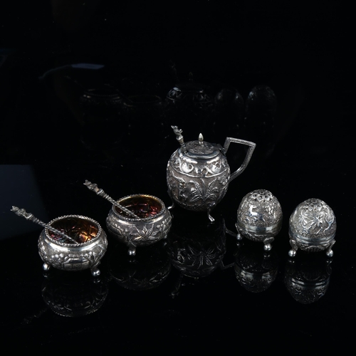 536 - An Indian silver 5-piece cruet set, comprising mustard pot, pair of salt cellars and pair of egg pep... 