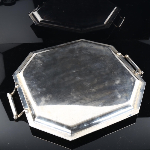 546 - An Italian 800 silver 2-handled tea tray, octagonal form with reeded border, width excluding handles... 