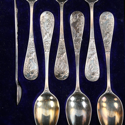 550 - A cased set of 12 Victorian Aesthetic Movement silver teaspoons and pair of sugar tongs, with relief... 