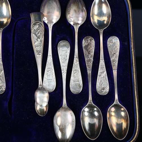 550 - A cased set of 12 Victorian Aesthetic Movement silver teaspoons and pair of sugar tongs, with relief... 