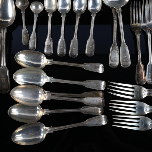 551 - A part-set of 19th century silver Fiddle & Thread pattern cutlery, comprising punch ladle, gravy spo... 