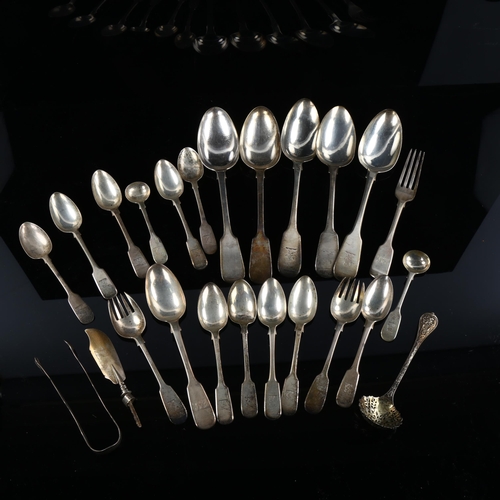 555 - Various silver cutlery and flatware, including Fiddle pattern tablespoons, sifter spoon, sugar tongs... 