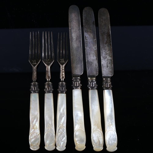 556 - A group of Victorian silver-bladed mother-of-pearl handled dessert cutlery for 3 people, maker's mar... 