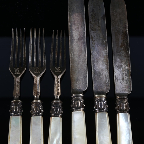 556 - A group of Victorian silver-bladed mother-of-pearl handled dessert cutlery for 3 people, maker's mar... 