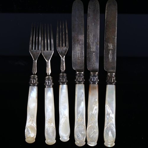 556 - A group of Victorian silver-bladed mother-of-pearl handled dessert cutlery for 3 people, maker's mar... 