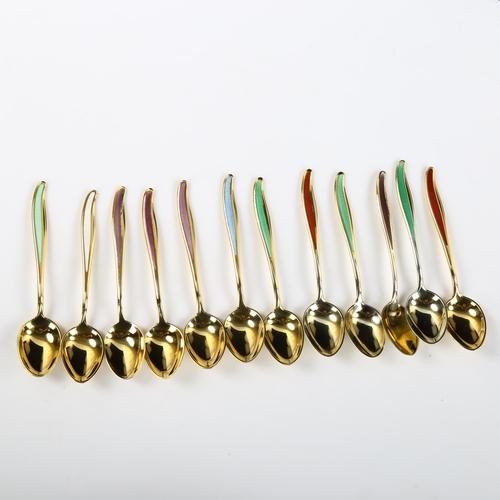 557 - ABSA - a set of 12 Danish vermeil sterling silver and harlequin enamel coffee spoons, length 9cm