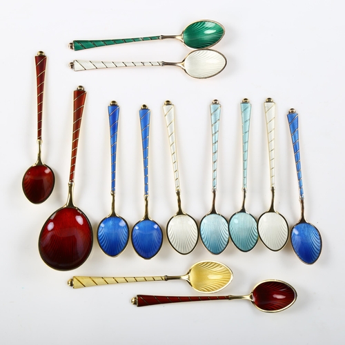 558 - EGON LAURIDSEN - a set of 12 Danish vermeil sterling silver and harlequin enamel coffee spoons and m... 