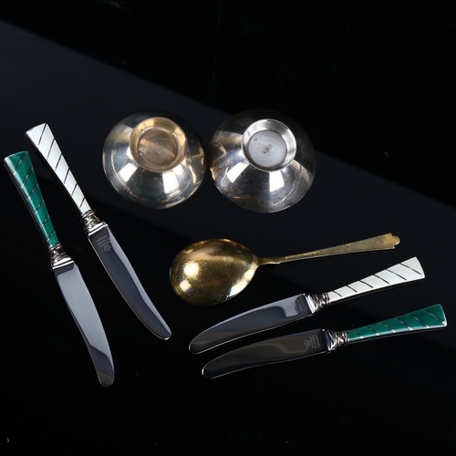 561 - Various Danish silver and enamel items, including pair of salts, preserve spoon, caviar knives etc, ... 