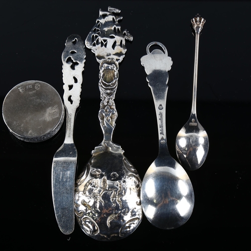 563 - Various Continental silver, including Danish and Norwegian, largest length 15cm, 30z total (5)