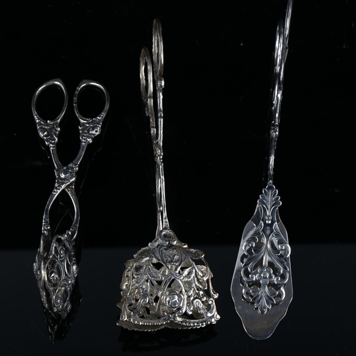 566 - 3 pairs of Scandinavian silver pastry tongs, largest length 17cm, 4oz total (3 pairs)