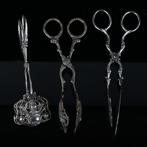 566 - 3 pairs of Scandinavian silver pastry tongs, largest length 17cm, 4oz total (3 pairs)