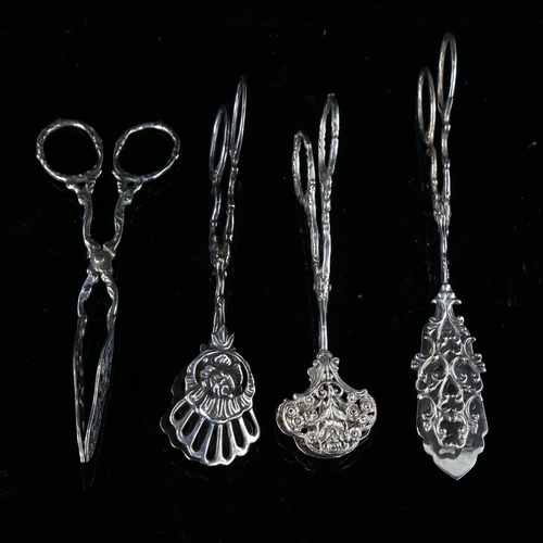 567 - 4 pairs of Scandinavian silver pastry tongs, largest length 14cm, 3.2oz total (4 pairs)