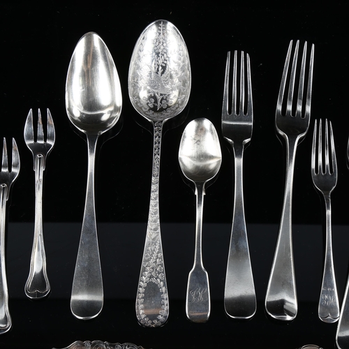 568 - Various silver cutlery, including George III bird spoon, Dutch silver spoon and fork, and set of 3 C... 