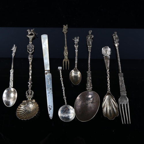 573 - Various English and Continental silver flatware, including American floral spoon, mother-of-pearl ha... 