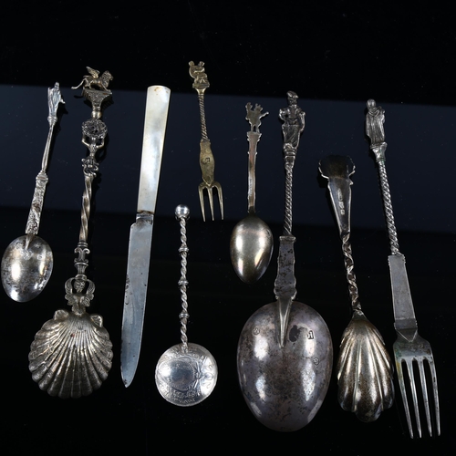 573 - Various English and Continental silver flatware, including American floral spoon, mother-of-pearl ha... 