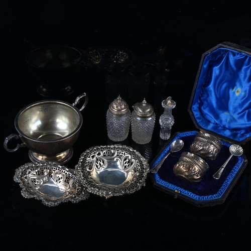 574 - Various silver, including 2-handled trophy, basket, pair of salt cellars etc, 7.7oz weighable