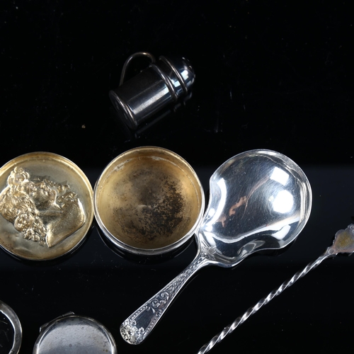 575 - Various silver, including shovel caddy spoon, unmarked seagull brooch, miniature pepperette etc