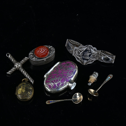 576 - Various silver and collectables, including niello bracelet, filigree cross, pair of Russian salt spo... 