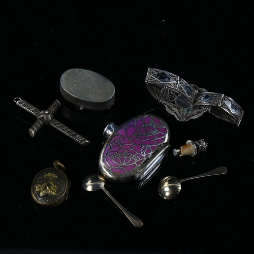 576 - Various silver and collectables, including niello bracelet, filigree cross, pair of Russian salt spo... 