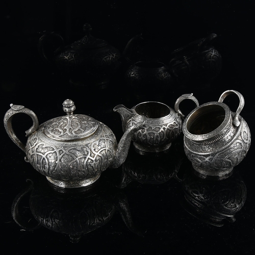 584 - A fine quality Indian Kashmir heavy silver 3-piece tea set, comprising squat teapot, kang-form sugar... 