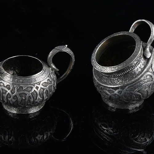 584 - A fine quality Indian Kashmir heavy silver 3-piece tea set, comprising squat teapot, kang-form sugar... 