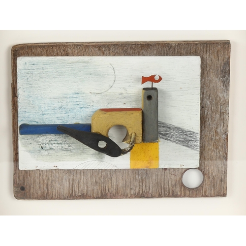 2002 - Keith Purser, 3-dimensional wood/paint assemblage composition in glazed box frame, overall frame dim... 