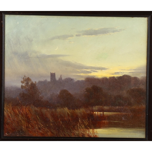 2017 - Tom Yarwood, oil on canvas, church by moonlight Cheshire, 1911, inscribed on reverse, 30cm x 36cm, f... 