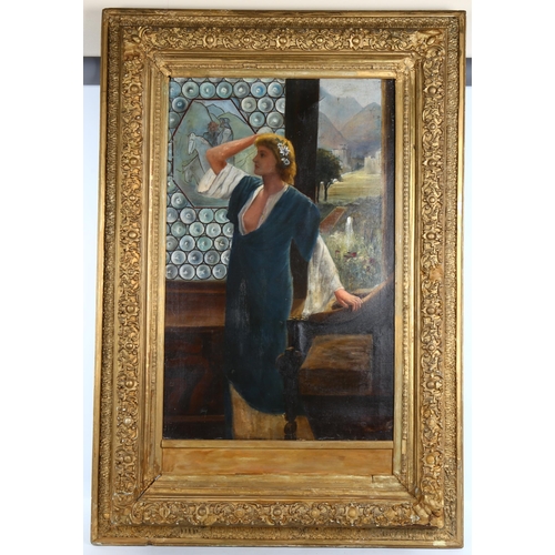 2020 - 19th century oil on canvas, pre-Raphaelite style portrait of a woman by a window, unsigned, 80cm x 5... 