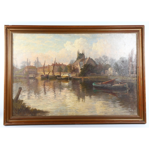 2021 - Early 20th century oil on canvas, riverside village, unsigned, 70cm x 104cm, framed