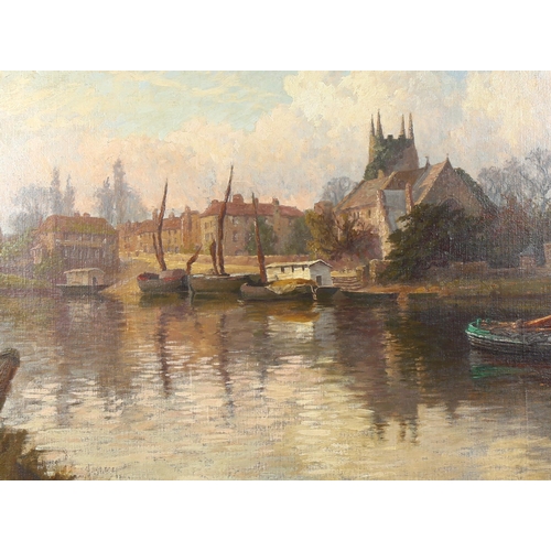 2021 - Early 20th century oil on canvas, riverside village, unsigned, 70cm x 104cm, framed