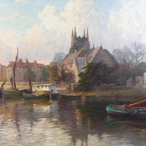 2021 - Early 20th century oil on canvas, riverside village, unsigned, 70cm x 104cm, framed