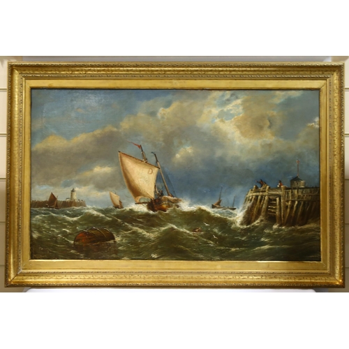 2022 - William Broome of Ramsgate, large 19th century oil on canvas, fishing boat approaching harbour in a ... 