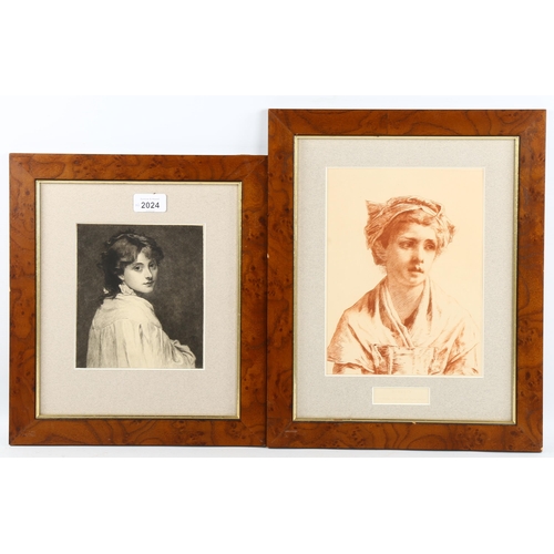 2024 - 2 x 19th century sepia and monochrome engravings, portraits of young girls, framed (2)