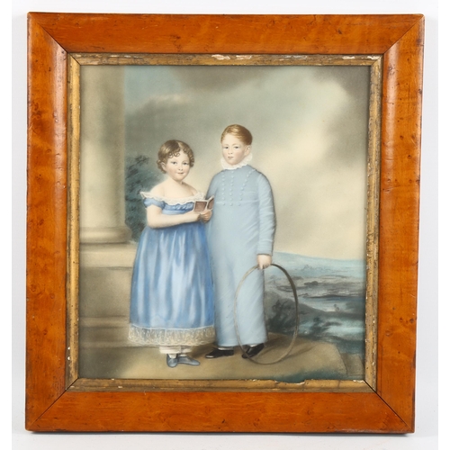 2026 - 19th century coloured pastels, portrait of 2 children, unsigned, 23cm x 21cm, framed