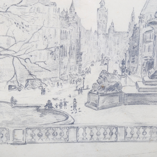 2030 - Manner of L S Lowry, pencil drawing, Trafalgar Square London, image 15cm x 20cm, framed