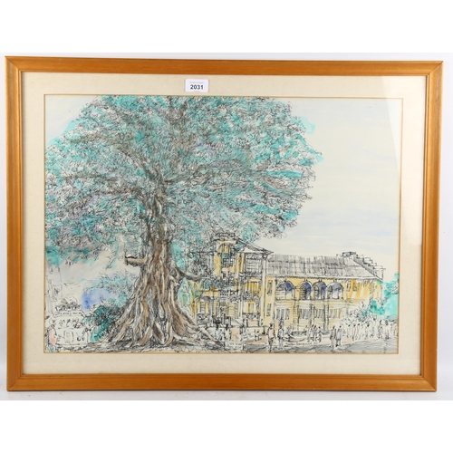 2031 - Hassan Bangarah, ink/watercolour, town scene, signed and dated 1980, 43cm x 60cm, framed