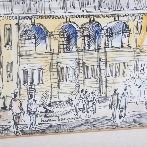 2031 - Hassan Bangarah, ink/watercolour, town scene, signed and dated 1980, 43cm x 60cm, framed