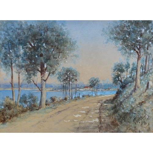 2032 - Travers, watercolour, riverside road, 28cm x 37cm, framed