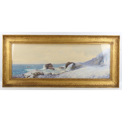 2033 - John White RI, watercolour/gouache, morning Branscombe Bay, signed, 27cm x 78cm, framed