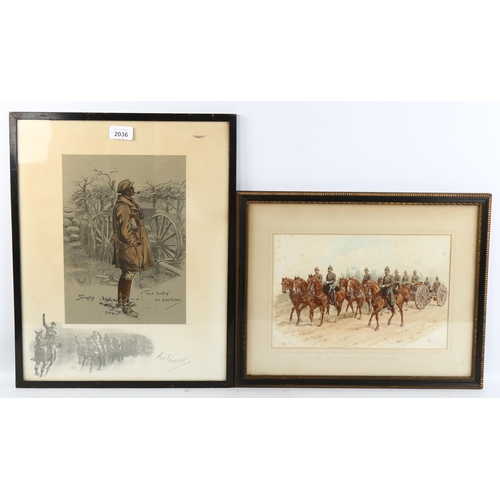 2036 - Snaffles, colour print, the gunner, framed, overall 46cm x 37cm, and a 19th century military waterco... 