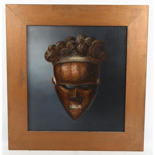 2043 - Contemporary oil on board, African mask, unsigned, overall frame dimensions 53cm x 50cm