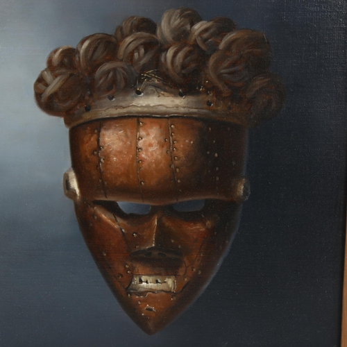 2043 - Contemporary oil on board, African mask, unsigned, overall frame dimensions 53cm x 50cm