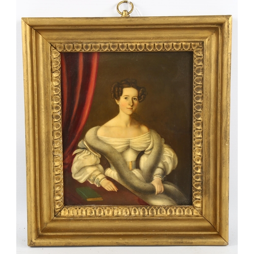 2045 - 19th century oil on porcelain, portrait of a woman, unsigned, framed, overall frame dimensions 25cm ... 