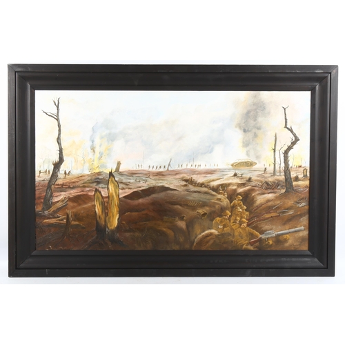 2048 - G R Thompson, oil on canvas, First World War trench battle scene, signed and dated 1986, 45cm x 76cm... 