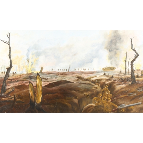 2048 - G R Thompson, oil on canvas, First World War trench battle scene, signed and dated 1986, 45cm x 76cm... 