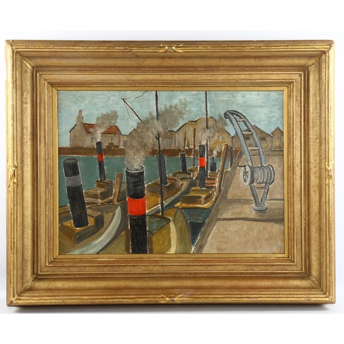 2050 - Contemporary oil on canvas, dockland scene, unsigned, 40cm x 55cm, framed