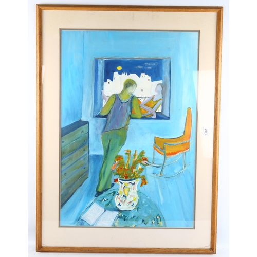 2052 - Julia Roddy (Irish), gouache, figure at a window, signed with monogram, 73cm x 50cm, framed