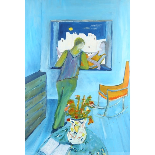 2052 - Julia Roddy (Irish), gouache, figure at a window, signed with monogram, 73cm x 50cm, framed