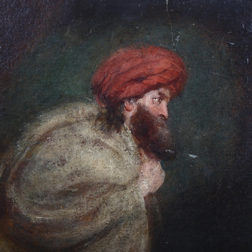 2057 - 18th century oil on millboard, Biblical figure study, unsigned, 50cm x 36cm, unframed